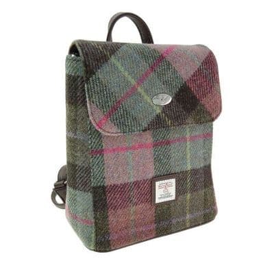 Women's Mini Backpack | Harris Tweed Wool | Green & Purple Tartan | Unique Design |