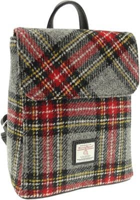 Women's Mini Backpack | Harris Tweed Wool | Grey & Red Tartan | Unique Design |