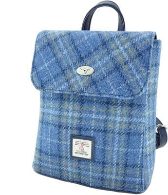 Women's Mini Backpack | Harris Tweed Wool | Light Blue Check | Unique Design |