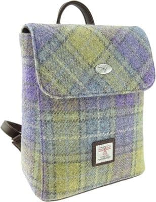 Women's Mini Backpack | Harris Tweed Wool | Lilac & Green Tartan | Unique Design |