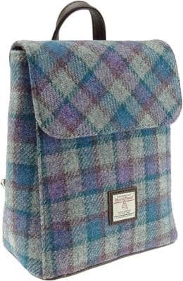 Women's Mini Backpack | Harris Tweed Wool | Purple Grey Blue Check | Unique Design