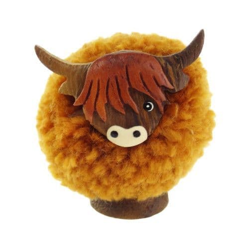 Wooden Scottish Highland Cow Pom Pom Ornament 33mm