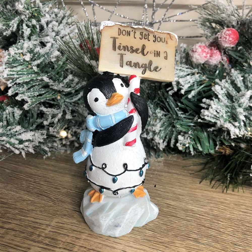 Cute Penguin Christmas Figurine with Sign Tinsel in a Tangle