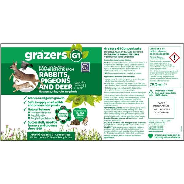Grazers G1 Rabbit Pigeon and Deer Repellent 750ml Concentrated bottle