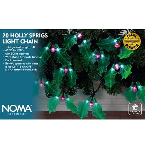 Noma 20 Holly Sprig Garland String Lights Battery Operated 6817119