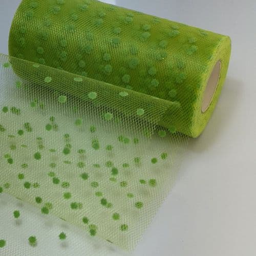 Apple Green Flocked Dot Soft Tulle varient size
