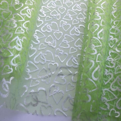 Apple Green Printed Shiny Hearts Pattern Soft Organdies Fabric 54 inch