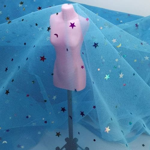 Aqua Blue Colourful Star Shape Sparkle Soft Tulle 54 inch
