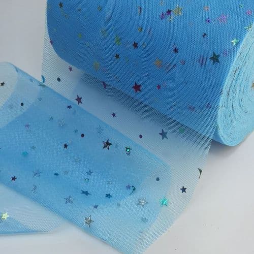 Aqua Blue Colourful Star Shape Sparkle Soft Tulle Eurotulle