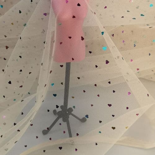 Cream Colourful Heart Shape Sparkle Soft Tulle 54 inch