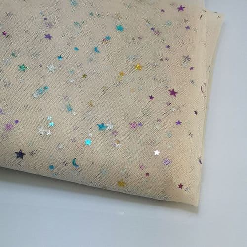 Cream Colourful Star Shape Sparkle Soft Tulle 54 inch