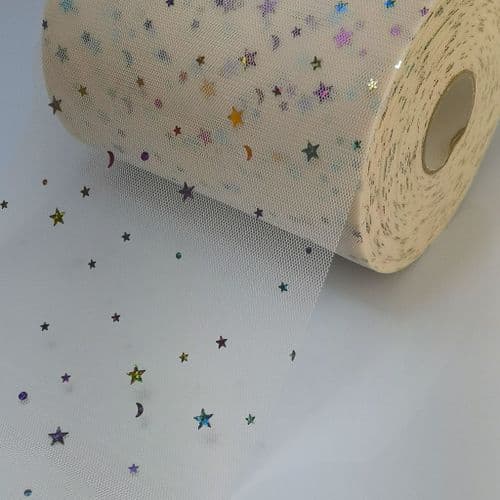 Cream Colourful Star Shape Sparkle Soft Tulle Eurotulle