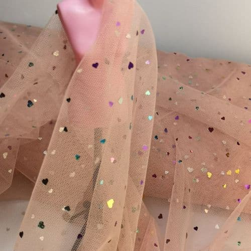 Dusky Pink Colourful Heart Shape Sparkle Soft Tulle 54 inch