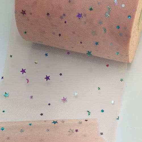 Dusky Pink Colourful Star Shape Sparkle Soft Tulle 54 inch