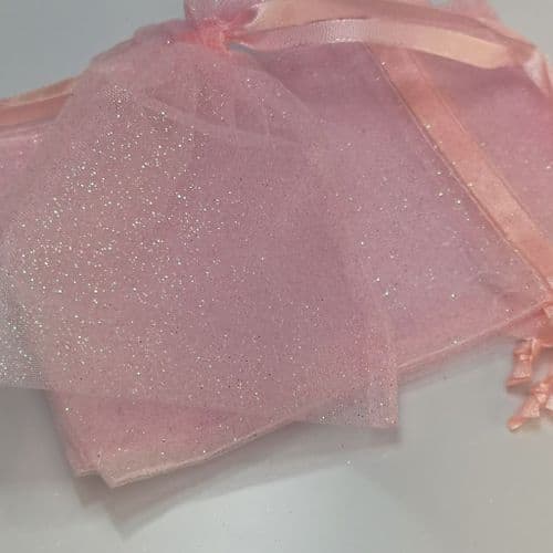 Glitter Light Pink Organza Pouch with Ribbon Drawsting 4" x 6 " 12 Pcs Pack