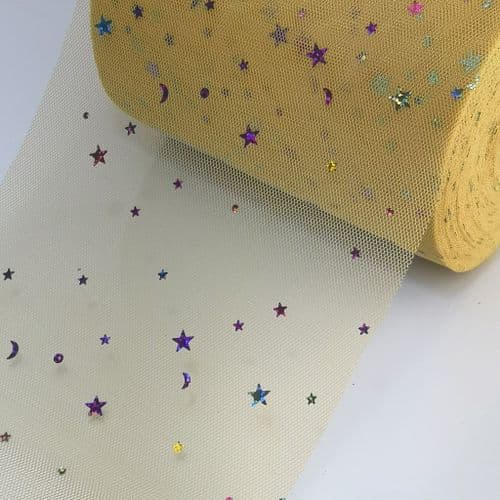 Gold Colourful Star Shape Sparkle Soft Tulle 54 inch