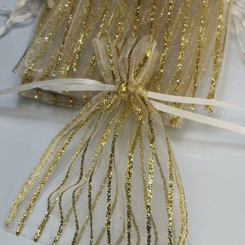 Gold Glitter Line Organza Pouch with Ribbon Drawsting 3.5" x 4.5" 9 cm x 11 cm 12 pcs Pack