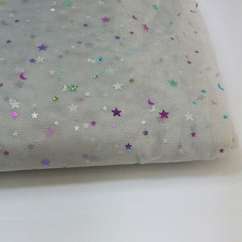 Grey Colourful Star Shape Sparkle Soft Tulle 54 inch