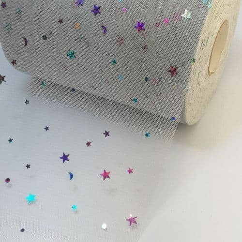 Grey Colourful Star Shape Sparkle Soft Tulle Eurotulle