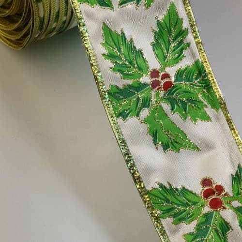 Holy Green Flower Wired Ribbon 6.2cm