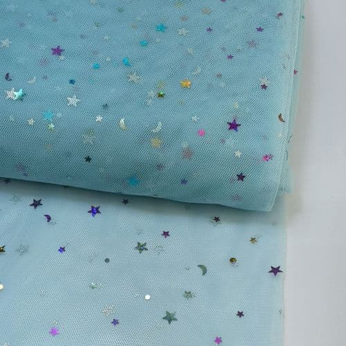 Light Blue Colourful Star Shape Sparkle Soft Tulle 54 inch