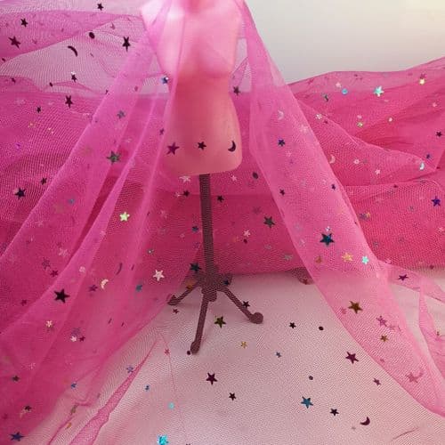 Light Fuchsia Colourful Star Shape Sparkle Soft Tulle 54 inch