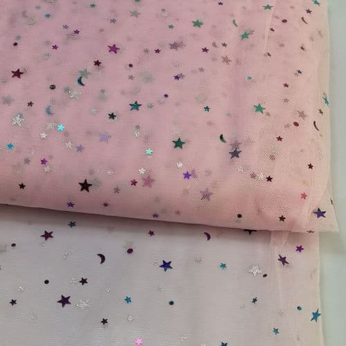 Light Pink Colourful Star Shape Sparkle Soft Tulle 54 inch
