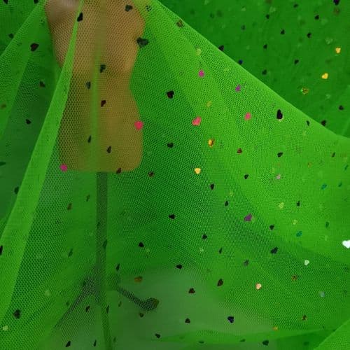Lime Green Colourful Heart Shape Sparkle Soft Tulle 54 inch