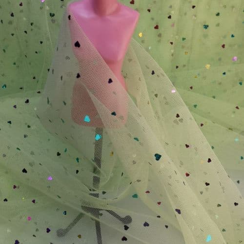 Mint Green Colourful Heart Shape Sparkle Soft Tulle 54 inch
