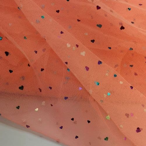 Neon Orange Colourful Heart Shape Sparkle Soft Tulle 54 inch