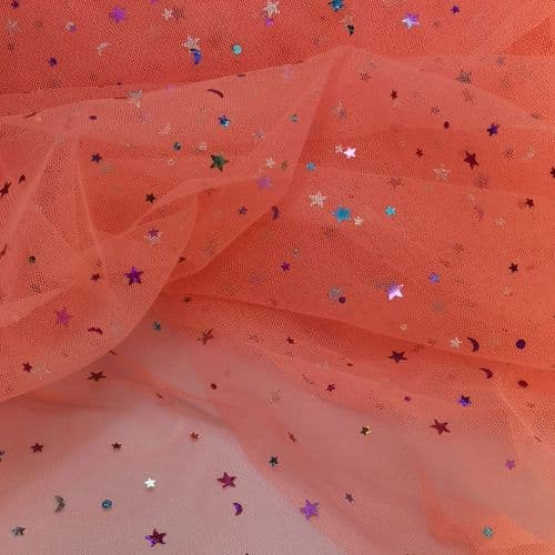Neon Orange Colourful Star Shape Sparkle Soft Tulle 54 inch
