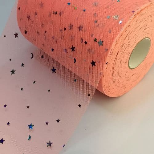 Neon Orange Colourful Star Shape Sparkle Soft Tulle Eurotulle