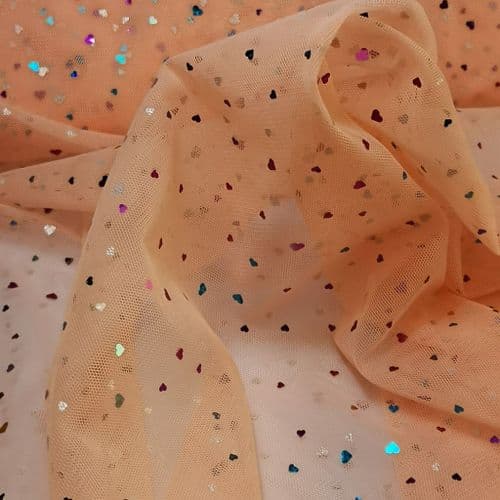 Peach Colourful Heart Shape Sparkle Soft Tulle 54 inch