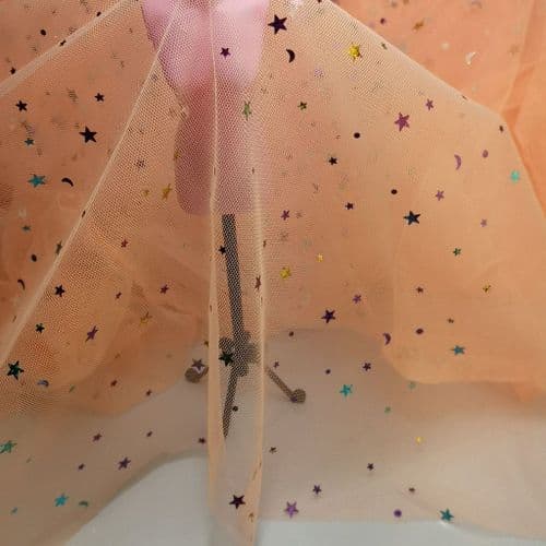 Peach Colourful Star Shape Sparkle Soft Tulle 54 inch