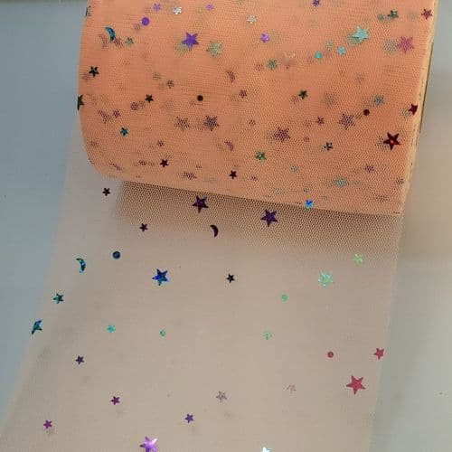 Peach Colourful Star Shape Sparkle Soft Tulle Eurotulle