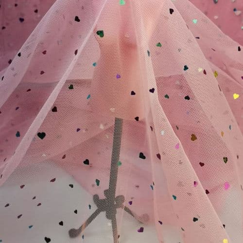 Pink Colourful Heart Shape Sparkle Soft Tulle 54 inch