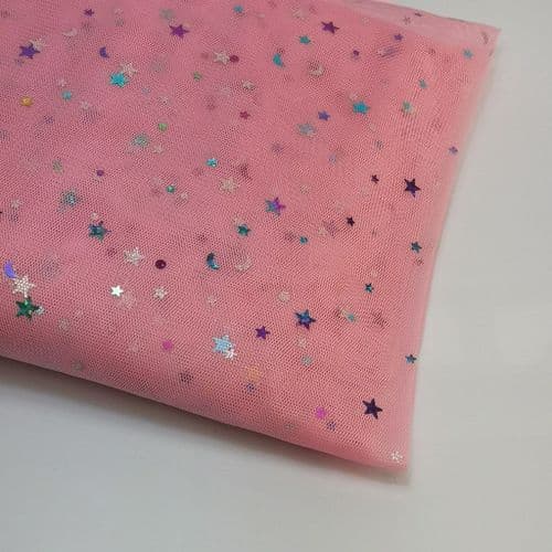 Pink Colourful Star Shape Sparkle Soft Tulle 54 inch