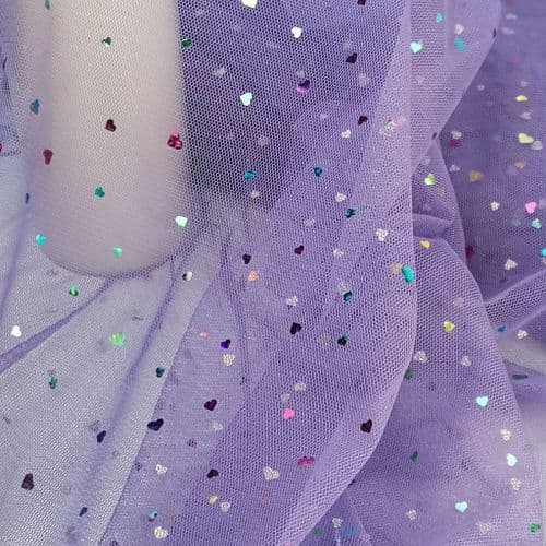 Purple Colourful Heart Shape Sparkle Soft Tulle 54 inch