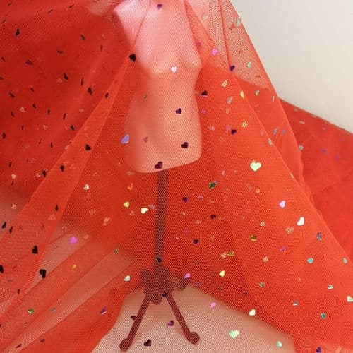 Red Colourful Heart Shape Sparkle Soft Tulle 54 inch
