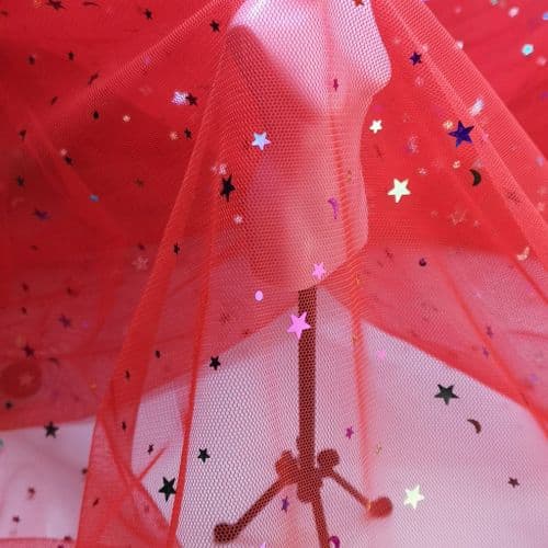 Red Colourful Star Shape Sparkle Soft Tulle 54 inch