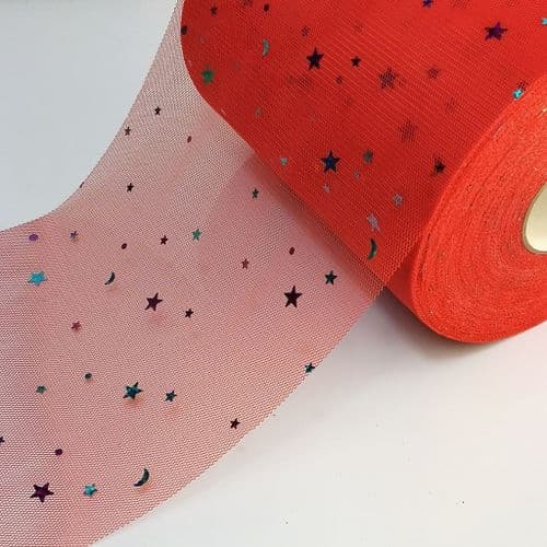 Red Colourful Star Shape Sparkle Soft Tulle Eurotulle