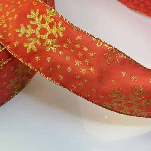 Red & Gold Snow Flake Wired Ribbon 6.2cm
