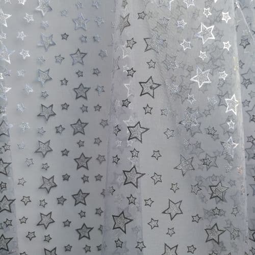Silver Star White Printed Shiny Star Pattern Soft Organdies Fabric 54 inch
