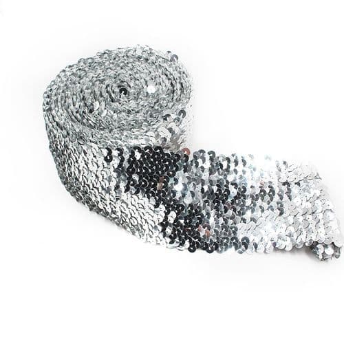 Silver Stretch Sequin Trim Ribbon 3inch width Eurotulle