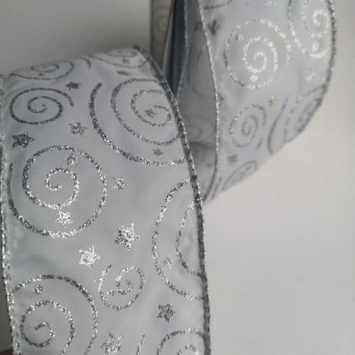 Silver Swirl Wired Ribbon 6.2cm