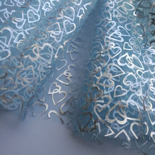 Sky Blue Printed Shiny Hearts Pattern Soft Organdies Fabric 54 inch