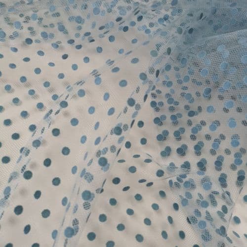 Smoke Blue Flocked Dots 54 inch Soft Tulle Fabric Eurotulle