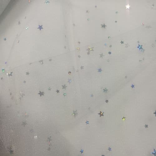 Sparkle Soft Tulle Fabric Sequin Stars Shape White