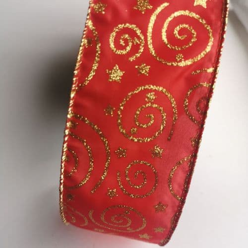 Swirly Red Wired Ribbon 6.2cm