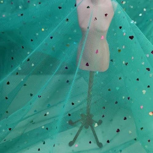 Teal Colourful Heart Shape Sparkle Soft Tulle 54 inch